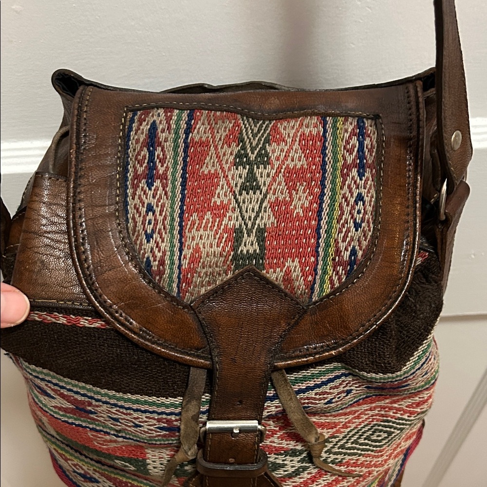 Moroccan Bag Brown Leather Green Suede Crossbody Camel Inlay Bohemian Festival - Picture 6 of 12